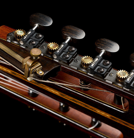 The Gilbert tuning machines of a 2007 Gregory Byers "7-string" classical guitar (ex John Dearman) made of spruce and CSA rosewood