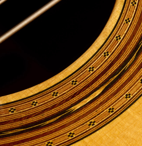 Closeup detail of the rosette of a 2007 Gregory Byers "7-string" classical guitar (ex John Dearman) made of spruce and CSA rosewood
