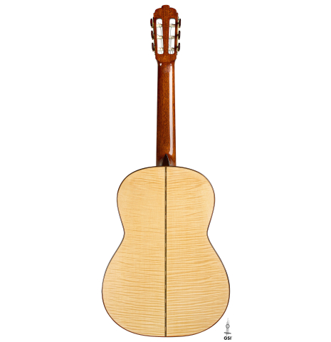 The back of a 2011 Gregory Byers "630 Lattice" classical guitar made of spruce and maple