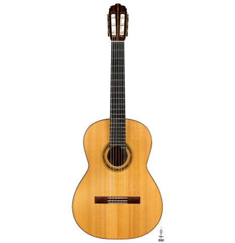 The front of a 2011 Gregory Byers "630 Lattice" classical guitar made of spruce and maple