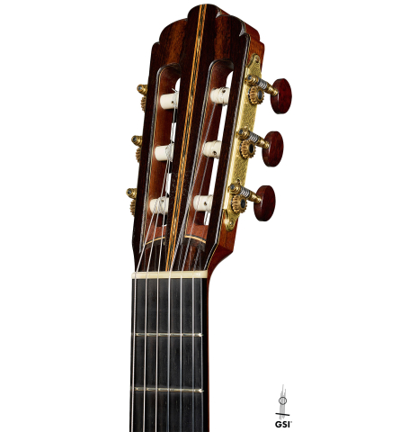 The headstock of a 2011 Gregory Byers "630 Lattice" classical guitar made of spruce and maple