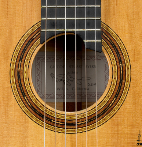 The rosette of a 2011 Gregory Byers "630 Lattice" classical guitar made of spruce and maple