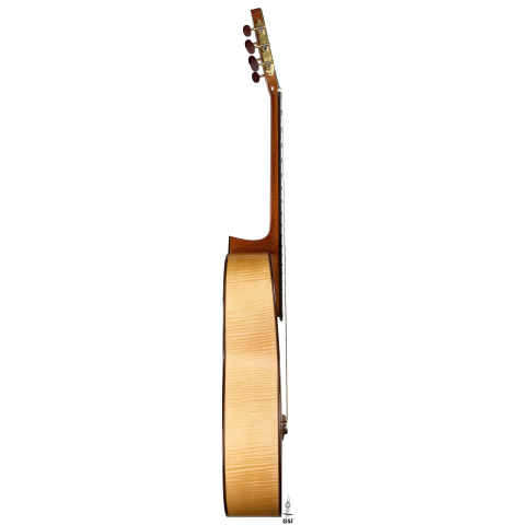 The side of a 2011 Gregory Byers "630 Lattice" classical guitar made of spruce and maple