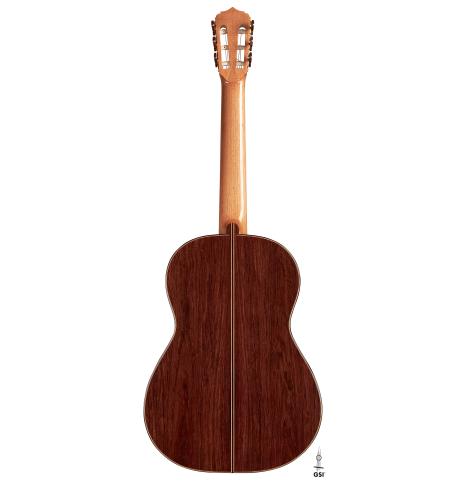 The back of a 2022 Michael Cadiz "Torres/Romanillos" classical guitar made with spruce and African rosewood.