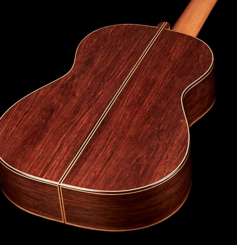 The back of a 2022 Michael Cadiz "Torres/Romanillos" classical guitar made with spruce and African rosewood.