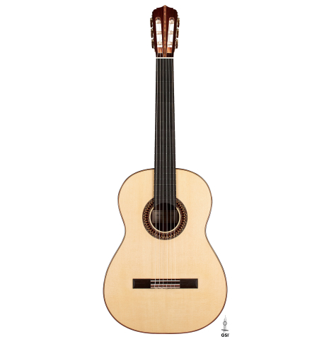 The front of a 2022 Michael Cadiz "Torres/Romanillos" classical guitar made with spruce and African rosewood.