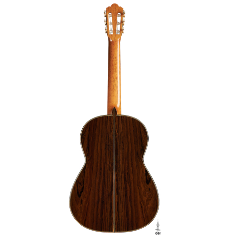 The back of a 2019 Michael Cadiz classical guitar made of spruce and ziricote
