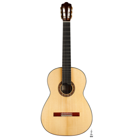 The front of a 2019 Michael Cadiz classical guitar made of spruce and ziricote