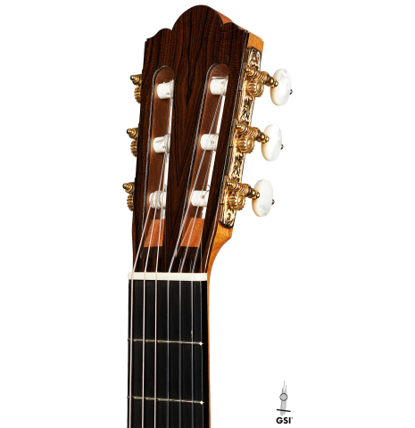 The headstock of a 2019 Michael Cadiz classical guitar made of spruce and ziricote