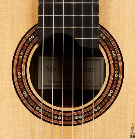 The rosette of a 2019 Michael Cadiz classical guitar made of spruce and ziricote