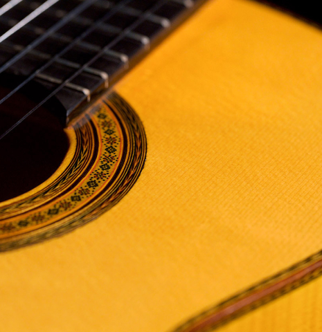 The soundboard of 1985 Javier Cayuela SP/MP classical guitar previously owned by Pepe Romero