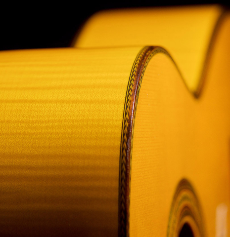 The side of 1985 Javier Cayuela SP/MP classical guitar previously owned by Pepe Romero
