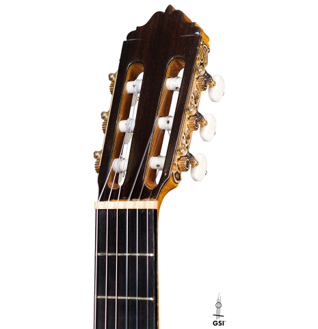 The headstock of 1985 Javier Cayuela SP/MP classical guitar previously owned by Pepe Romero