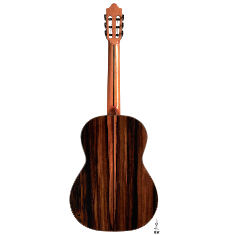 The back of a 2023 Hermanos Camps "CL20-S" classical guitar made of spruce and exotic ebony.