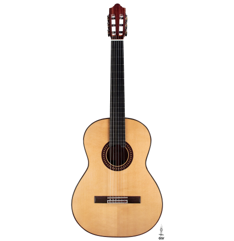 The front of a 2023 Hermanos Camps "CL20-S" classical guitar made of spruce and exotic ebony.