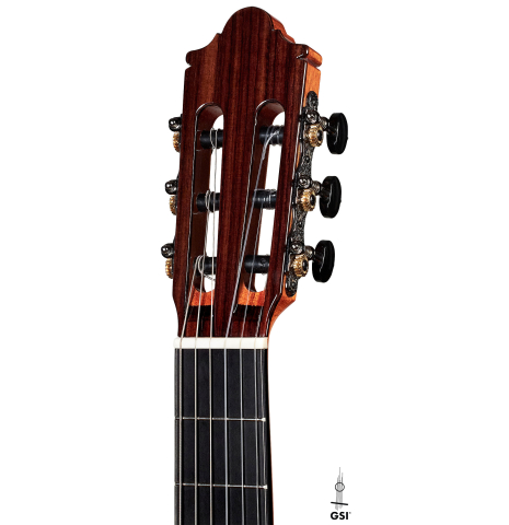 The headstock of a 2023 Hermanos Camps "CL20-S" classical guitar made of spruce and exotic ebony.