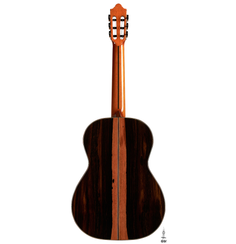 The back of a 2023 Hermanos Camps "CL20-S" classical guitar made of spruce and exotic ebony