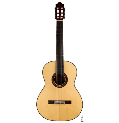 The front of a 2023 Hermanos Camps "CL20-S" classical guitar made of spruce and exotic ebony
