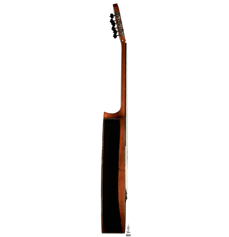 The side of a 2023 Hermanos Camps "CL20-S" classical guitar made of spruce and exotic ebony