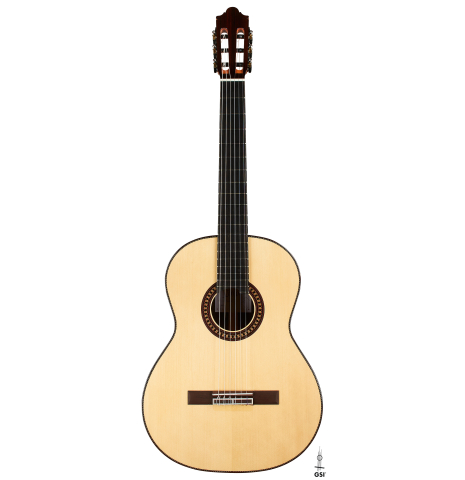 The front of a 2024 Hermanos Camps "CL20-S" classical guitar made of spruce and exotic ebony