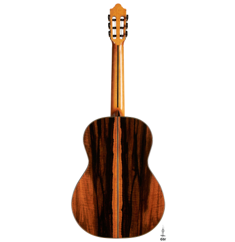 The back of a 2024 Hermanos Camps "CL20-S" classical guitar made of spruce and exotic ebony