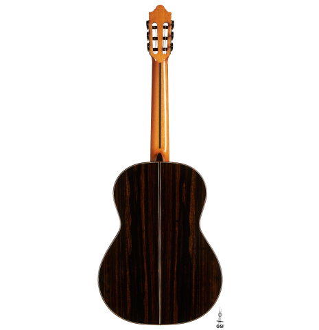 The back of a 2024 Hermanos Camps "CL20-S" classical guitar made of spruce and exotic ebony