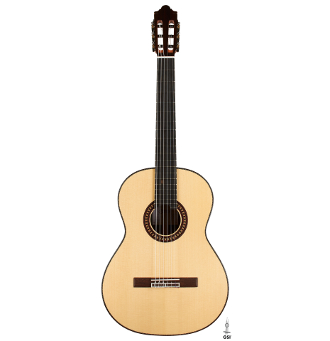 The front of a 2024 Hermanos Camps "CL20-S" classical guitar made of spruce and exotic ebony