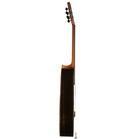 The side of a 2024 Hermanos Camps "CL20-S" classical guitar made of spruce and exotic ebony