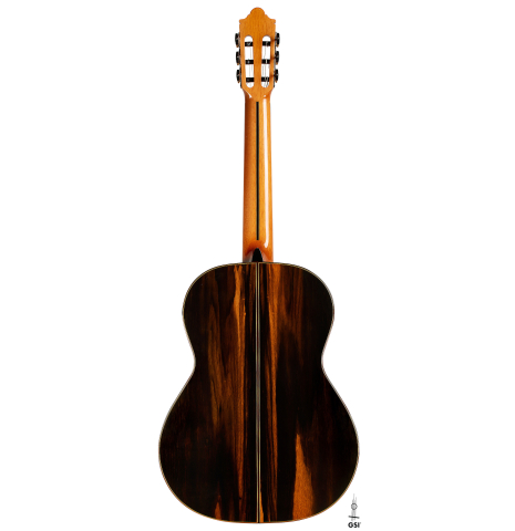 The back of a 2024 Hermanos Camps "CL20-S" classical guitar made of spruce and exotic ebony
