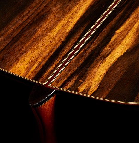 The heel, back binding and purflings of a 2024 Hermanos Camps "CL20-S" classical guitar made of spruce and exotic ebony