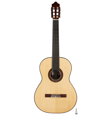 The front of a 2024 Hermanos Camps "CL20-S" classical guitar made of spruce and exotic ebony