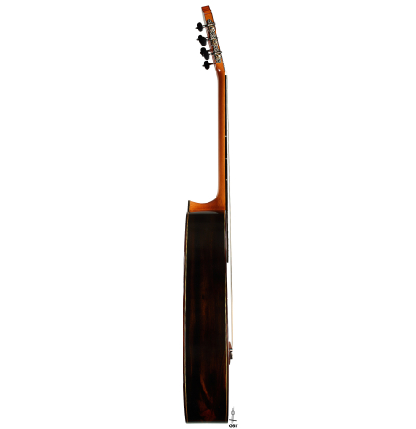 The side of a 2024 Hermanos Camps "CL20-S" classical guitar made of spruce and exotic ebony