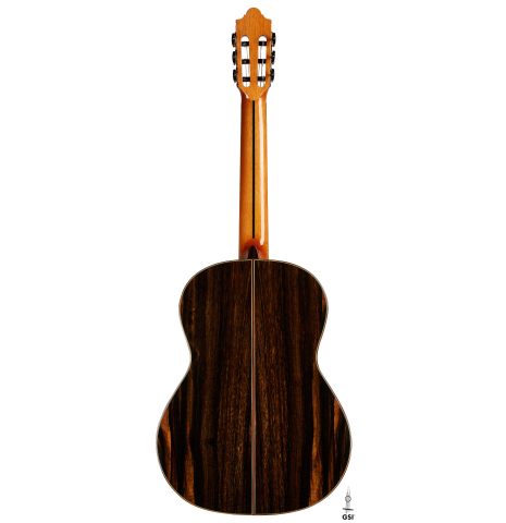 The back of a 2025 Hermanos Camps "CL20-S" classical guitar made of spruce and exotic ebony