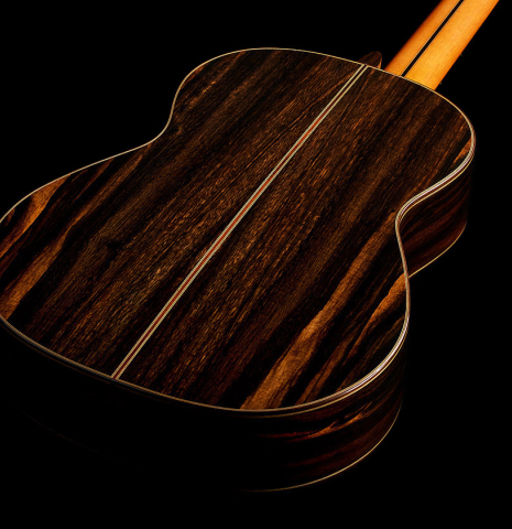 The back and sides of a 2025 Hermanos Camps "CL20-S" classical guitar made of spruce and exotic ebony