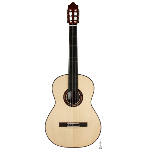 The front of a 2025 Hermanos Camps "CL20-S" classical guitar made of spruce and exotic ebony