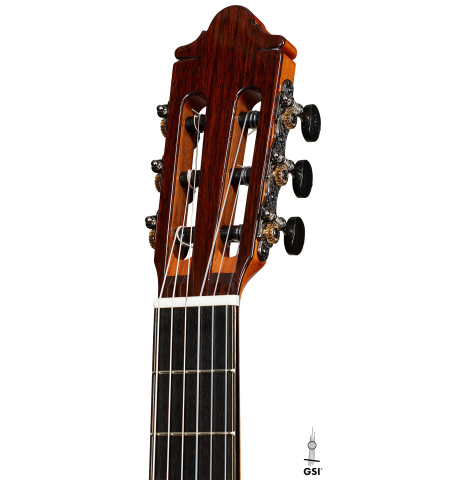 The headstock of a 2025 Hermanos Camps "CL20-S" classical guitar made of spruce and exotic ebony