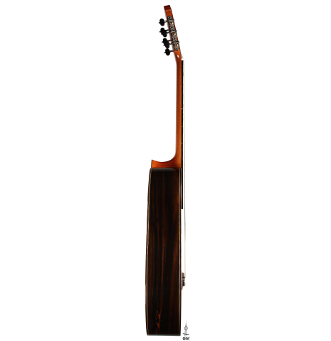 The side of a 2025 Hermanos Camps "CL20-S" classical guitar made of spruce and exotic ebony