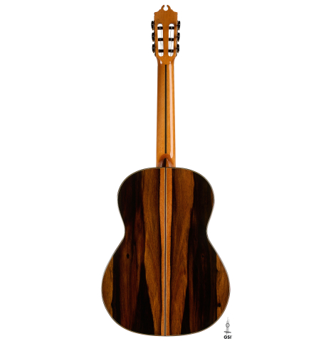 The back of a 2026 Hermanos Camps "CL20-S" classical guitar made of spruce and exotic ebony