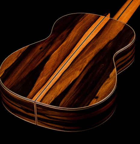 The back and sides of a 2026 Hermanos Camps "CL20-S" classical guitar made of spruce and exotic ebony
