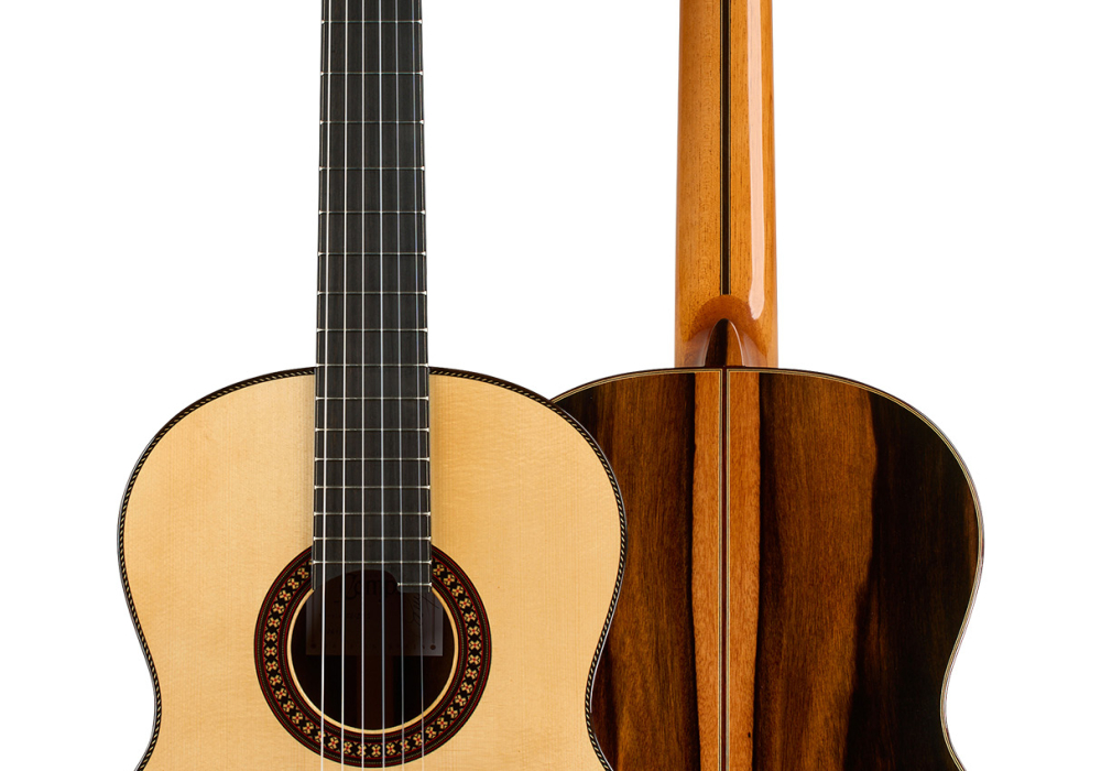 Front and back of a 2026 Hermanos Camps "CL20-S" classical guitar, spruce and exotic ebony