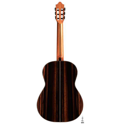 The back of a 2023 Hermanos Camps "CL20-C" classical guitar made of cedar and exotic ebony.