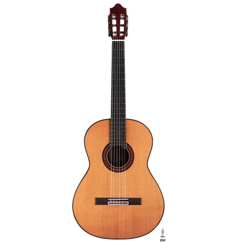 The front of a 2023 Hermanos Camps "CL20-C" classical guitar made of cedar and exotic ebony.