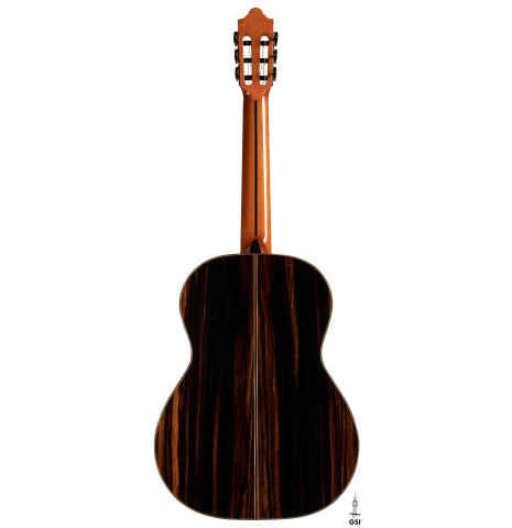 The back of a 2023 Hermanos Camps "CL20-C" classical guitar made of cedar and exotic ebony