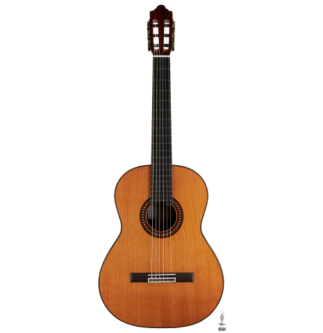 The front of a 2023 Hermanos Camps "CL20-C" classical guitar made of cedar and exotic ebony
