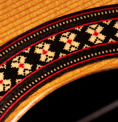Detail of the rosette of a 2023 Hermanos Camps "CL20-C" classical guitar made of cedar and exotic ebony