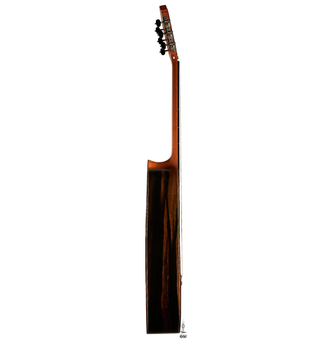 The side of a 2023 Hermanos Camps "CL20-C" classical guitar made of cedar and exotic ebony