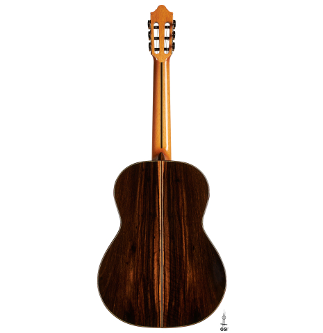 The back of a 2024 Hermanos Camps "CL20-C" classical guitar made of cedar and exotic ebony