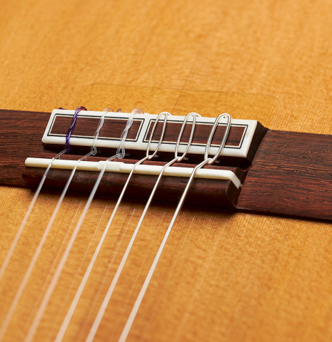 The bridge, tie-block and saddle of a 2024 Hermanos Camps "CL20-C" classical guitar made of cedar and exotic ebony