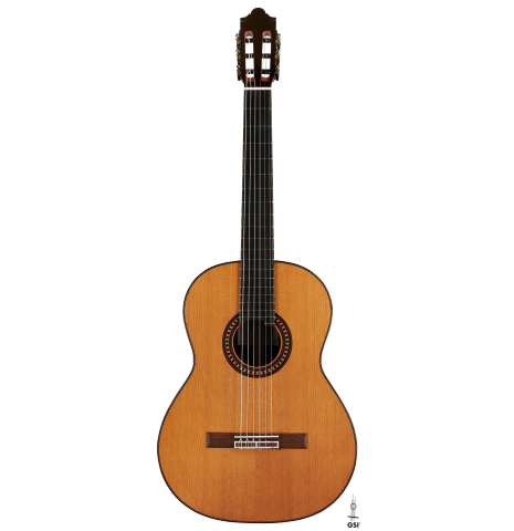 The front of a 2024 Hermanos Camps "CL20-C" classical guitar made of cedar and exotic ebony