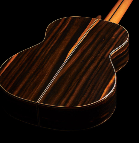 The back and sides of a 2024 Hermanos Camps "CL20-C" classical guitar made of cedar and exotic ebony